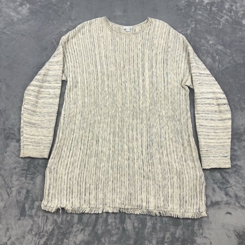 J Jill Tunic Sweater Women Size L Button Back Fringe Hem Cream Gray Marled Knit